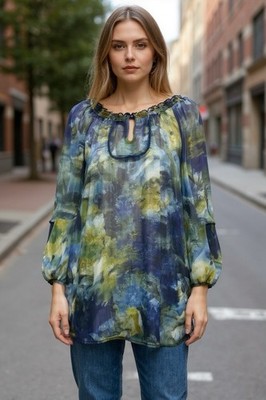 Maggie Barnes Top Plus 2X Abstract Psychedelic Artsy Ruffle Roll Tab Sleeve Boho