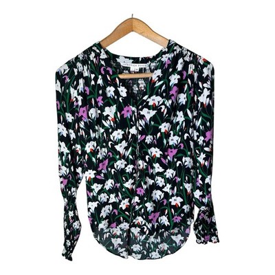 Veronica Beard Maree Smocked Blouse Size 4 High Low Hem V-neck Button Up Floral 