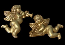 Homco Gold Tone Cherubs Angels Horn Harp Wall Hanging #8843 in Box NOS Set of 2