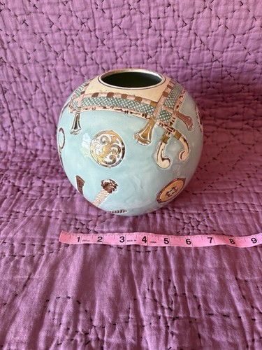 Vintage Toyo Round 7" Vase Sword & Crest Aqua/Peach/Teal with Gold trim - Picture 13 of 15
