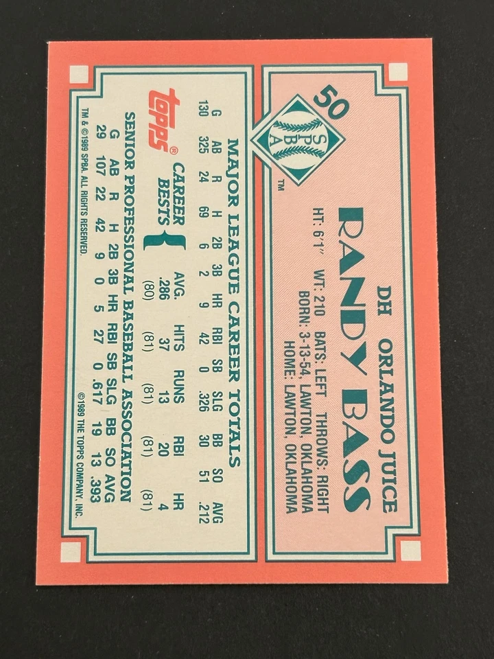 1989 Topps Senior League #50 Randy Bass Orlando Juice - Image 2 of 2