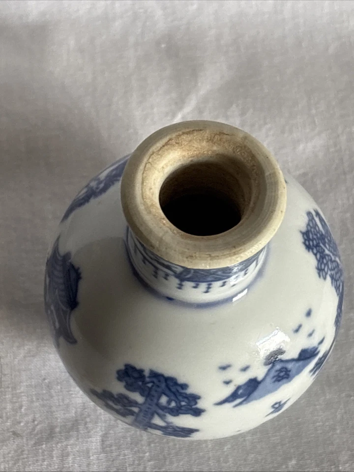 Antigua botella de tabaco china azul blanco porcelana paisaje 4 pulgadas falta tapa Foto 2 de 4