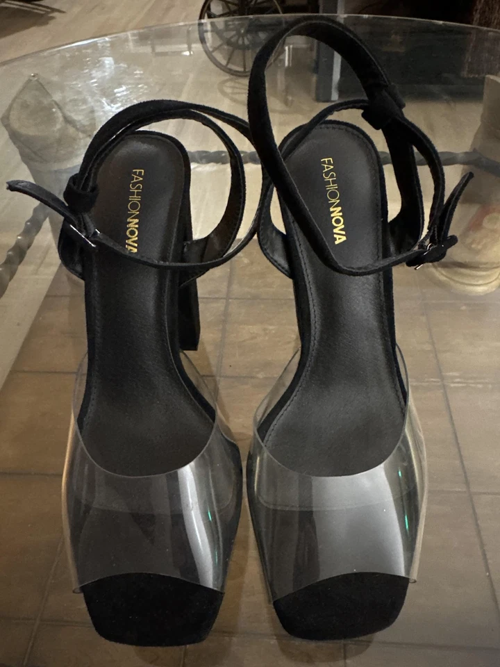 Moda Nova Zapatos Mujer Talla 10 Negro Correa Transparente Tacón Bloque Sandalias Elegantes Foto 4 de 4