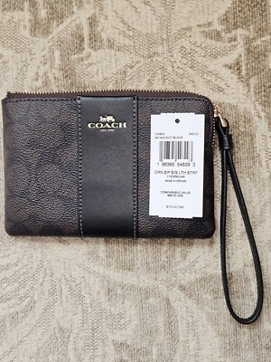 Coach Corner Zip Signature Wristlet Walnut/Black CW854 New With