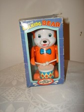 Vtg Wind - Up Walking Plastic Orange Bear With Beating Drum Action Original Box