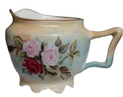 Royal O EG Austria Creamer Pink Red Roses Porcelain Rare Antique Scalloped Foot