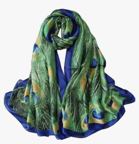 Chiffon Silk Scarf Peacock Feather Print Long Shawl Sunscreen Scarve