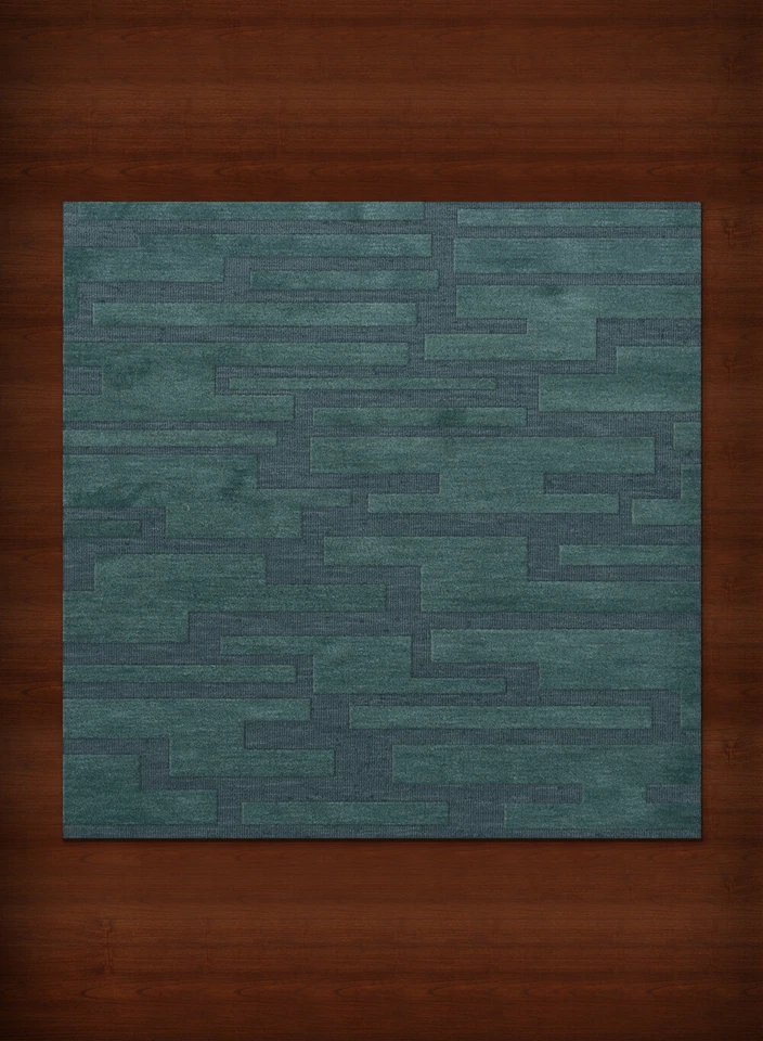 Blue Transitional Hand Hooked Squares Rectangles Boxes Area Rug Patchwork DV6 - Image 2 of 2