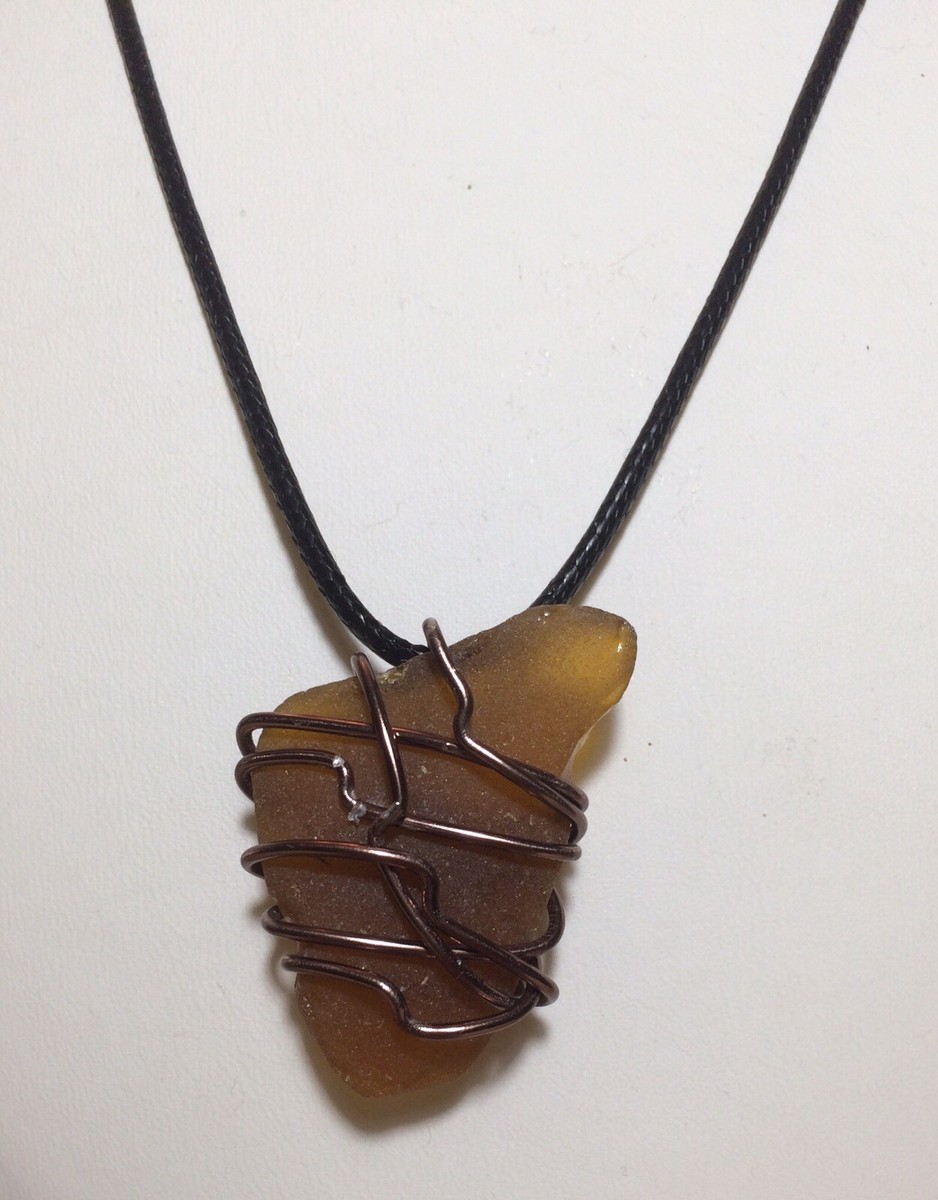 Beautiful Brown Sea Glass Wire Wrap Pendant Necklace Hand Crafted
