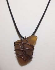 Beautiful Brown Sea Glass Wire Wrap Pendant Necklace Hand Crafted Homemade