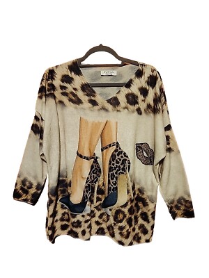 Via Vitale Italian Woman's Sz SP Slouch Top With Graphic Heels,Lips, Gold Trim 