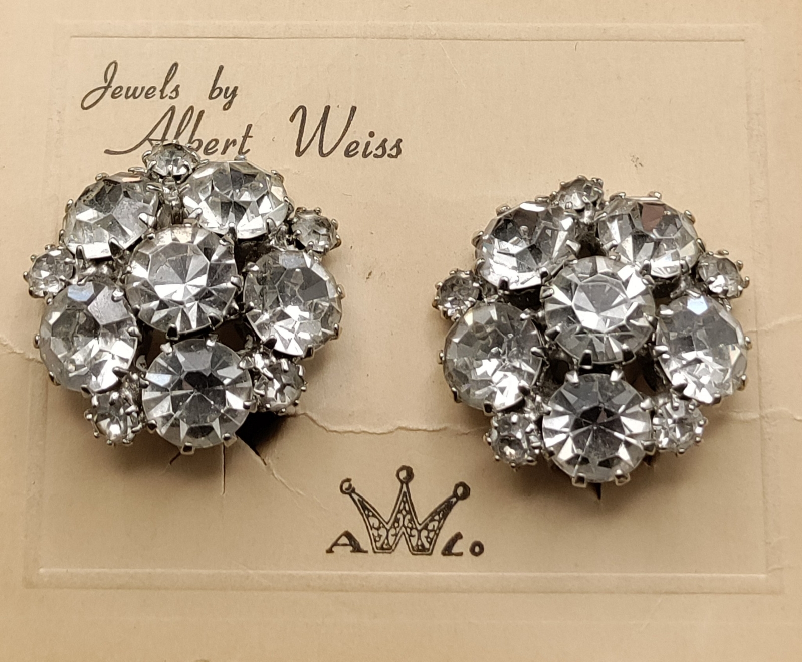 Weiss (Albert Weiss) Rhinestone Earrings on Original Card