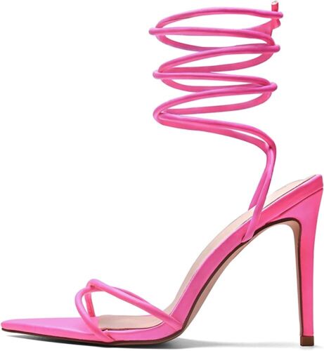 Women's Sandals UK 3.5 Neon Pink Strappy Lace Up Stiletto Heel Pointed Toe EU 36 - Picture 1 of 10