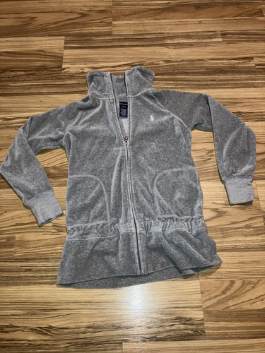 Ralph Lauren Girls Gray Velour Zip Up Cinched Tie Size M 8/10 Pockets