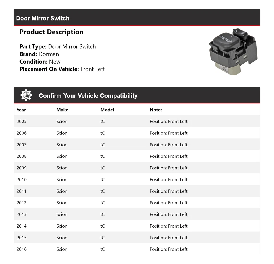 Interruptor de espejo de puerta delantero izquierdo Scion tC Dorman 2005-2016 2006 2007 2008 2009 Foto 2 de 4