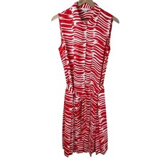 Cabi Womens Medium Red White Brushstroke Belted Pleated Skirt Sleeveless Dress