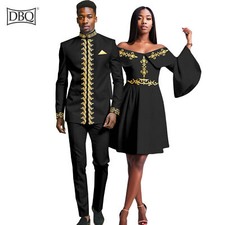 African Cloth for Couple Men Blazer Pants Suit  Flare Sleeves Women Midi Dress