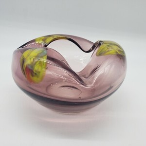 Vintage Cranberry Pink Clear Art Glass Ashtray ~ 5" ~ yellow 