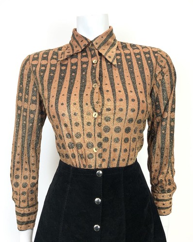 VTG 60s 70s BROWN BLACK GLITTER LUREX STRIPED DOTTY MOD DISCO DAGGER SHIRT 12 - Picture 3 of 6