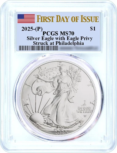 2025 (P) $1 1oz Silver Eagle with Eagle Privy PCGS MS70 First Day of Issue Flag