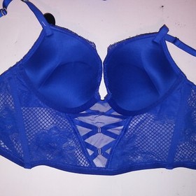 Victoria Secret Bra Set Bombshell Push Up Cheeky Panty Blue Lace Long Line New