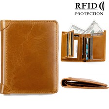 Genuine Leather Slim Trifold Wallet For Men Card Holder Minimalist RFID Blocking