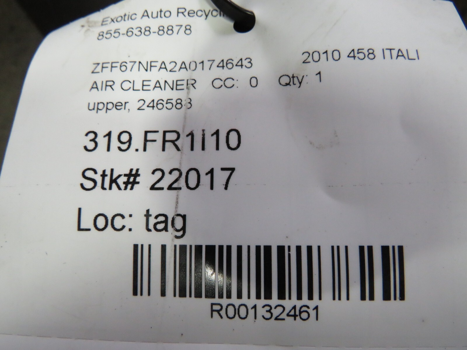 Ferrari 458 Italia, Spider, Upper Air Cleaner Box, Used, P/N 246588