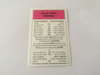 MONOPOLY KARTE 2001 FRANZÖSISCH NIEDERLÄNDISCH EIGENTUM PLACE VERTE VERVIERS