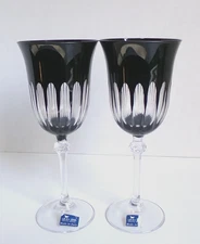 Vintage Le Stelle Black Cut to Clear Crystal Water Goblet, Italy 8.25", Set of 2