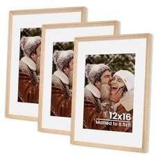  12x16 Solid Oak Wood Picture Frame with 8.5x11 Mat, Premium 12x16-3P Natural