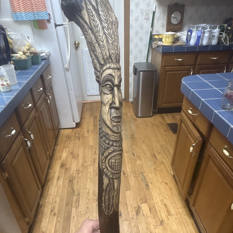 Hand Carved Wooden Hiking Staff Walking Stick Indian Face Design Brown