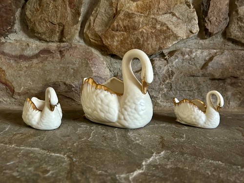 Three White Porcelain Swans 24K Gold Accents USA Made Planter Decor Trinket - Picture 9 of 13