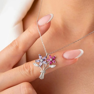 2Ct Lab Created Amethyst and Ruby Orchid Flower Necklace 14K White Gold Plated