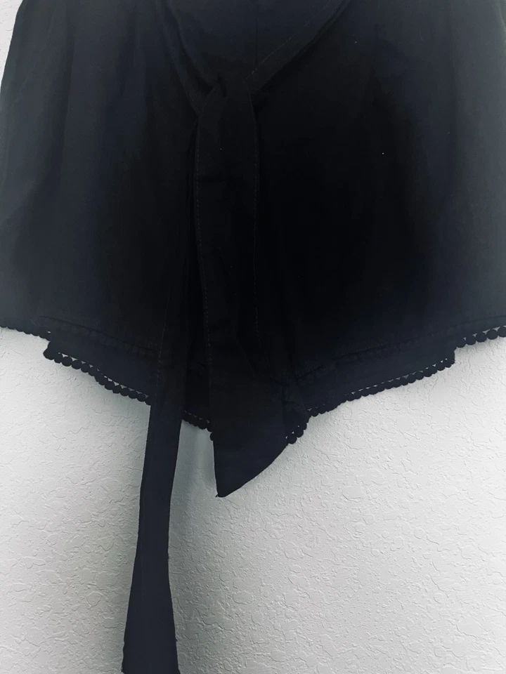 Pantalones Cortos Sofia Jeans Mezcla Lino Talla 14 Negro Cinturón Plisado Corbata Crochet Dobladillo Boho Foto 3 de 4