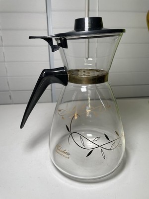 Vintage Flameproof Clear Glass Beverage Coffee Carafe - Tricolette - Gold Vines