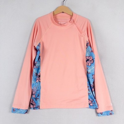 Coolibar Youth Wavechaser Zippy Rash Guard L Peach Pink Floral Sun Shirt UPF 50+