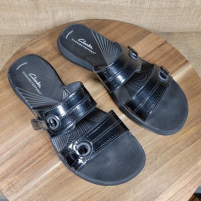 Clarks Cloudsteppers Breeze Maye Slide Sandals Black Patent Comfort Women's 8 M