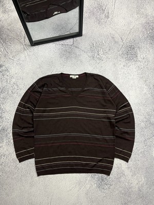 John Smedley V-Neck Wool Sweater Striped England Luxury Old Money Men s Size XL
