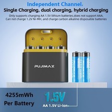 AA Rechargeable Lithium Batteries 4255mWh 4-Pack 1.5V  Charger 1200 Cycles