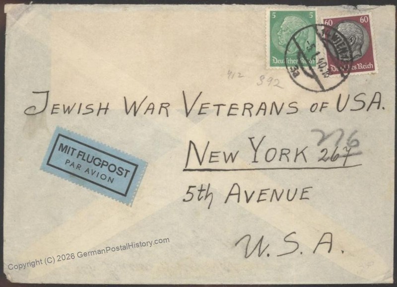 3rd Reich Germany 1940 Judaica  Airmail Jewish Veterans Austria Cover 116375