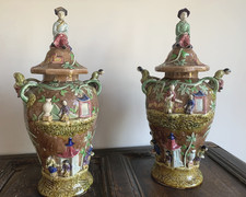 Pair of 19th c Continental Chinoserie inspired Majolica Vases with Covers