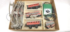 Ferrovia in latta originale Wohl Distler 1950 circa trasformatore locomotiva, carbone e 2 vagoni