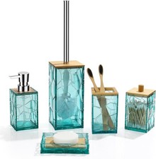 Teal Blue Beach Bathroom Accessories Set, Toothbrush Holder, Soap Clear
