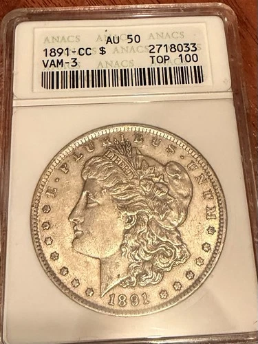 1891-CC Morgan Dollar ANACS AU 50 VAM-3 Spitting Eagle (Old Soap Box Holder)
