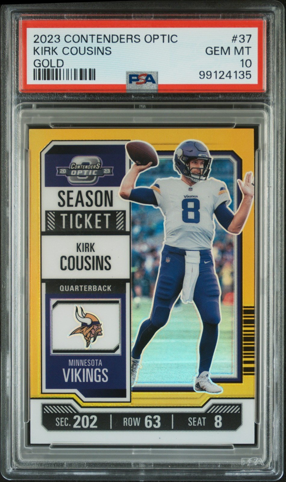 2023 Kirk Cousins #37 Contenders Optic Gold Prizm Ticket PSA 10 SSP # /10 RARE