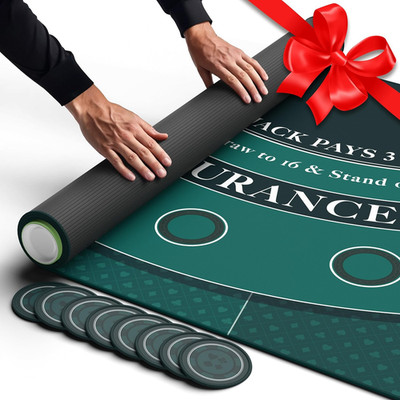 Blackjack Mat 70'' x 35'' - Casino Table Topper for Home Game Nights with Coasters