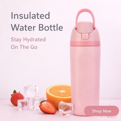 Pink Insulated Water Bottle Push Button Lid for Hot or Cold Beverages