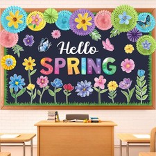Hello Spring Flowers Cutouts Paper Fans Bulletin Board Border Classroom Set