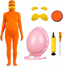 Orange Jumpsuit Halloween Costume with Inflatable Belly Yellow Mustache Eyebrows
