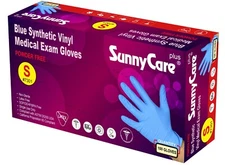 100/box SunnyCare Blue Vinyl Synthetic Exam Gloves (Latex Nitrile Free) Size: S